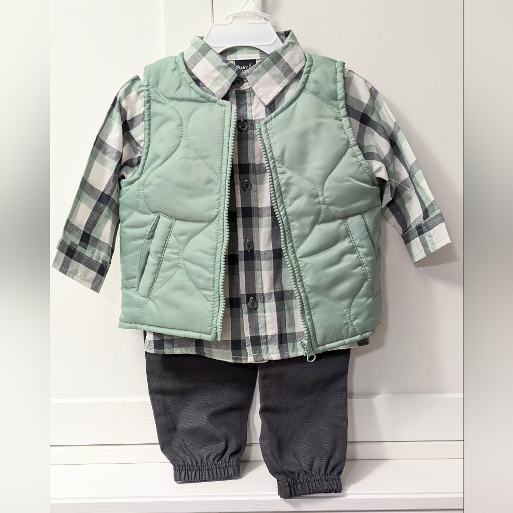 BABY REBELS, Plaid Shirt with Green Vest and Gray Pants Set,Size 12 Months, NWOT
